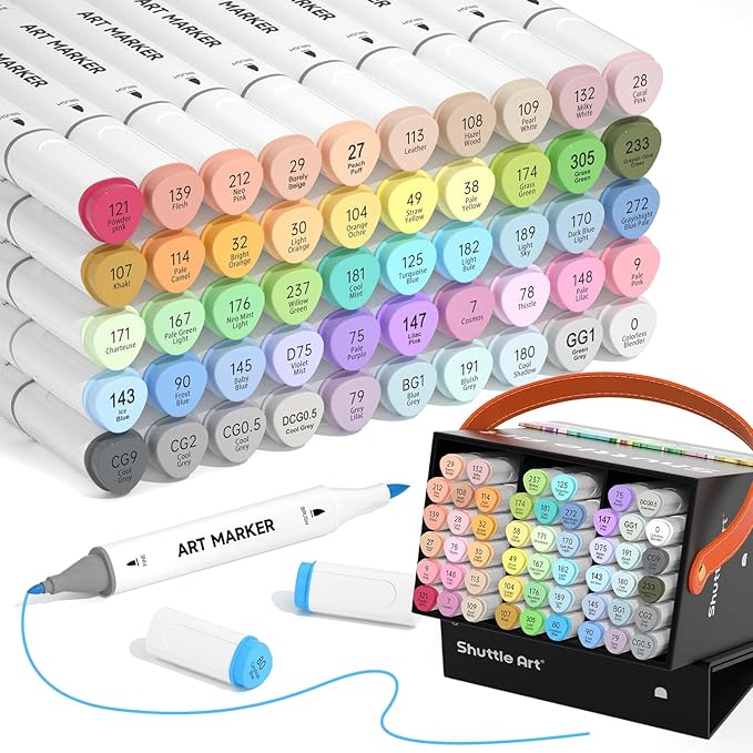 Shuttle Art Pastel Alcohol Markers Brush tip, Dual Tip Brush & Fine Tip Art Marker Set, 50 Colors plus 1 Blender Marker Pens with Case Perfect for Illustration Kids Students Adults Coloring Sketching