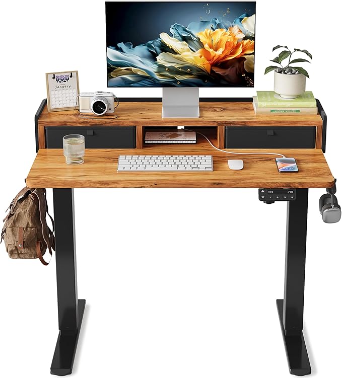 YIHAYO Electric Standing Desk with Drawers, 40 x 24 Inches Adjustable Desk with Storage Shelf, Stand Up Desk with Splice Board, Computer Table for Home Office, Black Frame/Rustic Brown Top