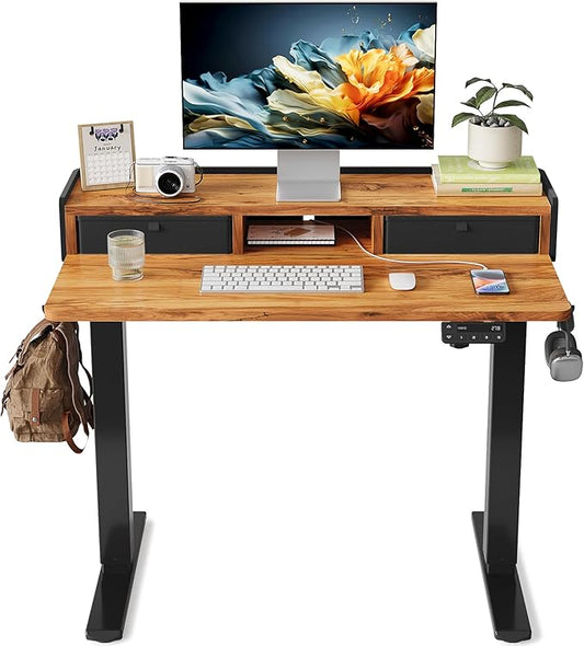 YIHAYO Electric Standing Desk with Drawers, 40 x 24 Inches Adjustable Desk with Storage Shelf, Stand Up Desk with Splice Board, Computer Table for Home Office, Black Frame/Rustic Brown Top