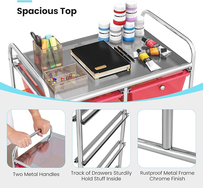 GLACER 10 Drawer Rolling Cart, Storage Cart with Lockable Whieels & Metal Frame, Trolley for Art Craft Oganizer, Mobile Utility Cart for Office, School, Classroom, Kitchen (Clear Rainbow)