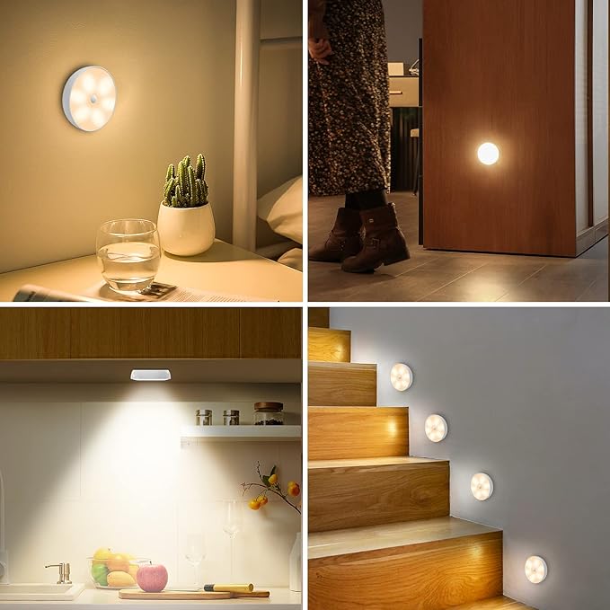 Warm Color LED Closet Lights Motion Sensor Step Light, USB Rechargeable Battery Operated Puck Lights, Dimmable Under Cabinet Counter Lighting for Wardrobe Kitchen (3 Pack)