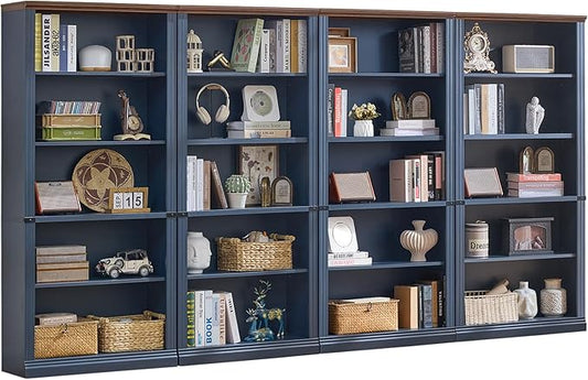RWYHG 70" Blue Tall Bookshelf Set of 4,5-Tier Thick Wooden Book Shelf with Adjustable Shelves,Free Standing Farmhouse Bookcase with Open Display Storage,Floor Vintage Bookshelves for Living Room