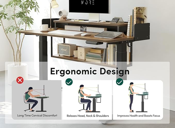 FEZIBO 55" Electric Standing Desk with Shelves, 55x24 Inches Sit Stand Rising Computer Desk with Monitor Shelf, Home Office Desks with Hook, Adjustable Height Stand Up Workstation Table, Light Walnut