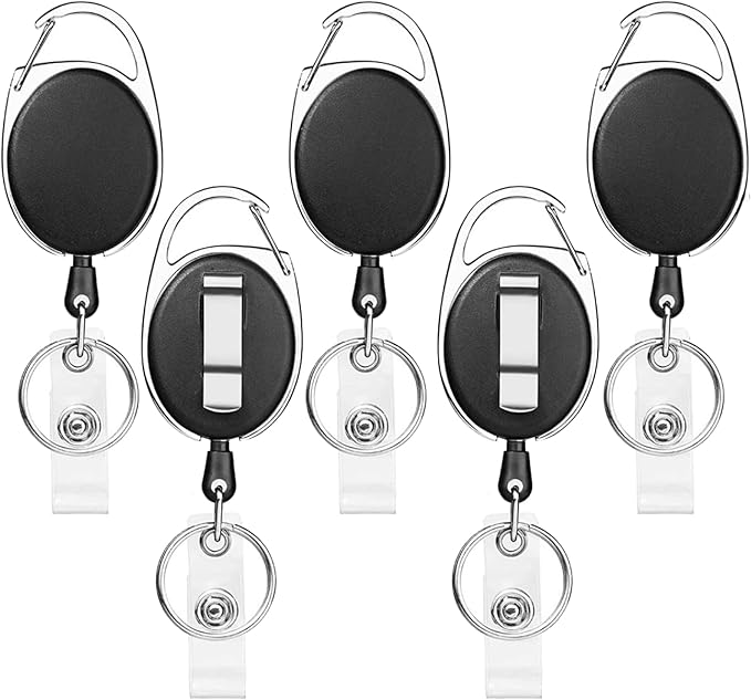 SOVYOULIVE 5 Pack Heavy-Duty Retractable Badge Holders with Carabiner Clip and Key Ring, Black ID Badge Reel for Office, ID Card Holder and Key Chain