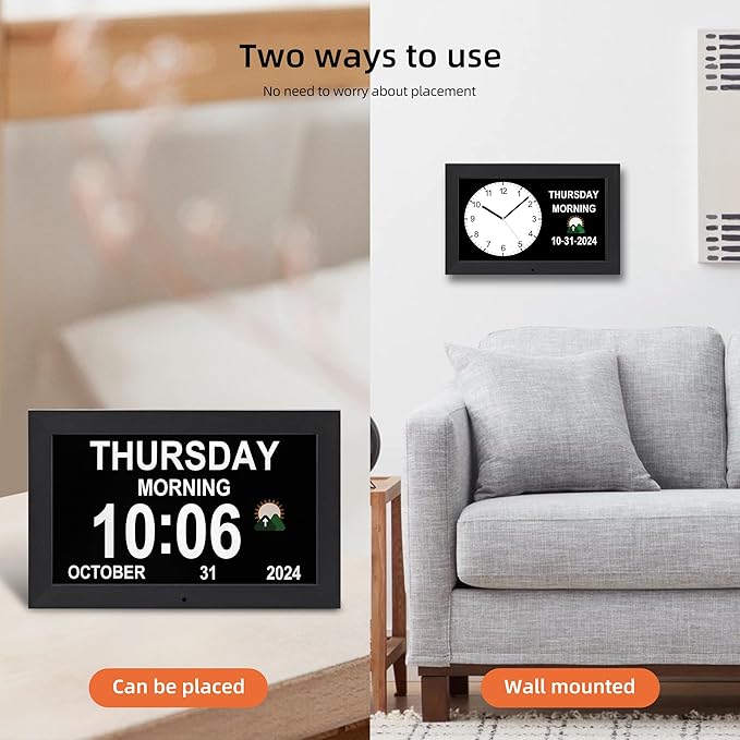 Memwake Digital Alarm Clock, Multiple Alarm Functions, Clock with Date and Week, Digital Alarm and Electronic Calendar for Seniors (White, 7 inch) (10-inch Black)