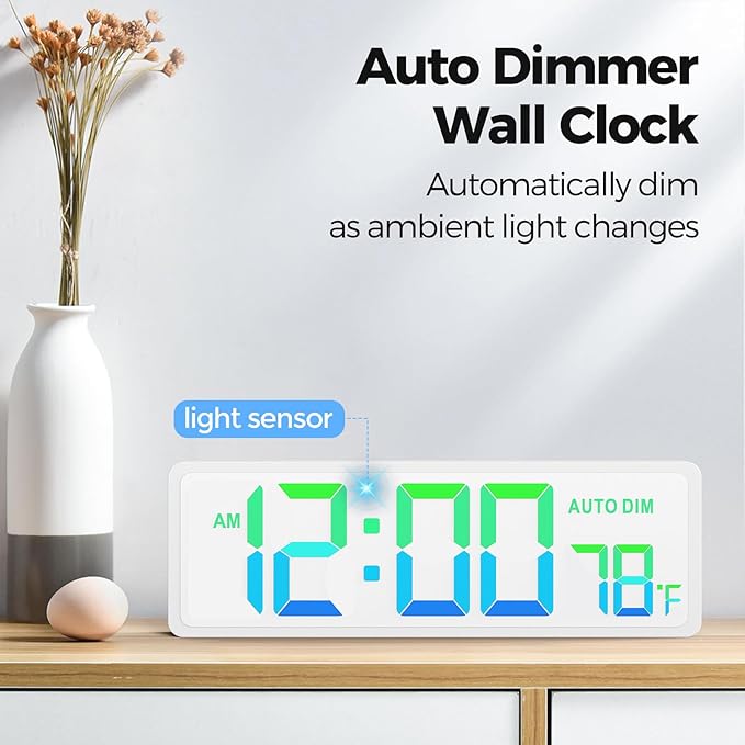 REACHER 16.5" Large Digital Wall Timer Clock with Countdown Timer, Auto Dimmer, Temperature, Remote Control, LED Wall Clock for Home Decor, Living Room, Office, Gym, Classroom, White