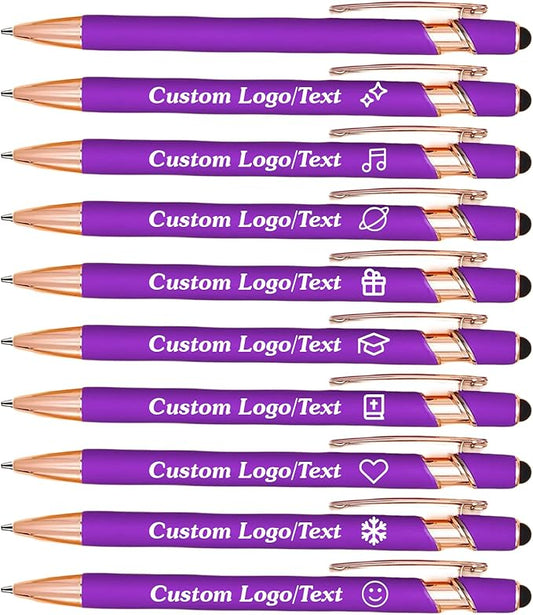 CRME Bulk Custom Personalized Pens with Business Logo Retractable Ballpoint Pen with Stylus tip Smooth Writing Black Ink for School Supplies Teacher Supplies Desk Accessories School Birthday,Purple
