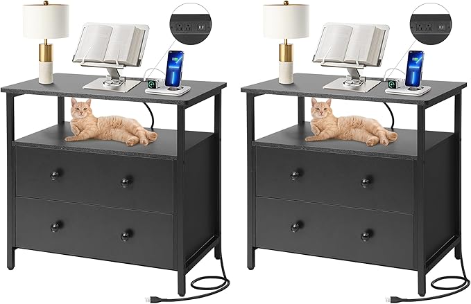 Edbuosy 27 inch Wide Night Stand Set 2 with Charging Station, Bedside Table with Open Shelf, 2 Drawers Small Wood Dresser, Modern Wood Nightstand for Bedroom/Living Room (Black)