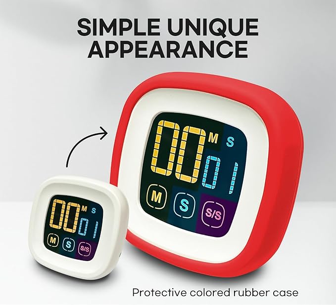 CREAVIVA Digital Kitchen Timer, Countdown, Countup, Protective Rubber case, Large Display with Color Bold Digits, Touch Control, Backlit, Magnetic Kickstand, Loud Alarm, Auto Memory (Hot Rose)