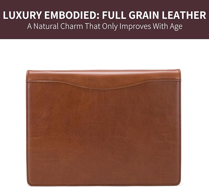 Geslun Personalized Genuine Leather 3 Ring Binder, Custom Engraved 8.5 x 11 Letter Size Folio with Pen Holder, Soft Notebook Portfolio Cover, Notepad Padfolio Organizer for Meeting, Brown, Oil Tanned