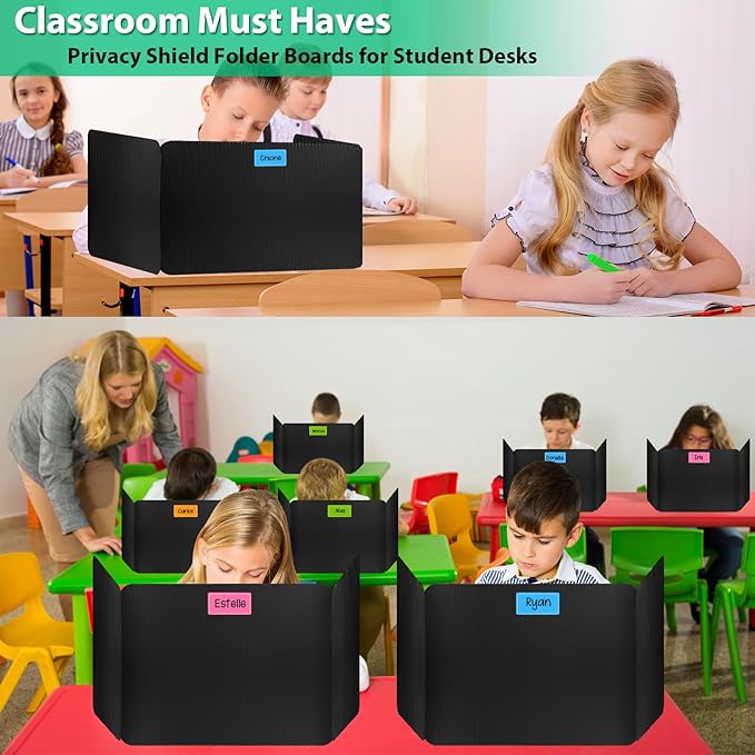 26 Pack Black Desk Dividers with Labels for Students, ROOKEA Waterproof Plastic Study Carrel Dividers, Privacy Classroom Shield Folder Boards Desk for Classroom Teacher Supplies Test Divider