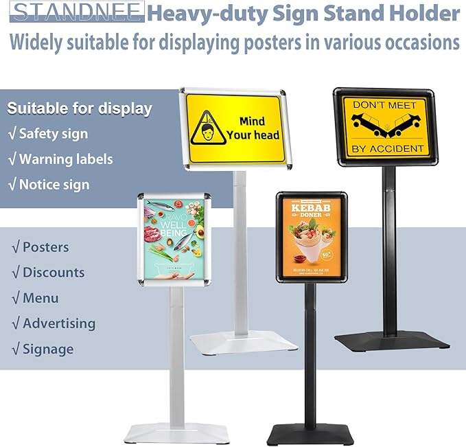 Sign Holder Stand, Heavy-Duty 8.5x11 Inch Aluminum Floor Stand for Posters & Signs | Includes PVC Plastic Sleeve & Weighted Base | Black Poster Display Stand