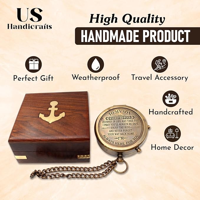US HANDICRAFTS Brass Compass with Wooden Case | Engraved Compass from Mom to Son | Graduation Gift, Birthday, Inspirational Travel Keepsake