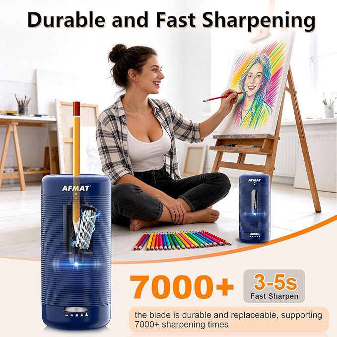 AFMAT Electric Pencil Sharpener, Fully Automatic Pencil Sharpener, Auto in & Out, Rechargeable Hands-Free Sharpeners for Jumbo & Colored Pencils (6.5-12mm), Portable for Home/Classroom/Office PSC2