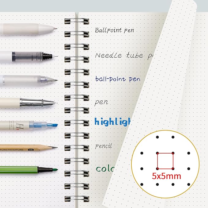EMSHOI Spiral Dotted Notebook, Dot Grid Journal, 5.7"x8.22" A5 Size, 300 Pages/150 Sheets 100gsm Thick Paper, Waterproof Hardcover for Office, School, Work, Writing, Bullet Journaling (Green)