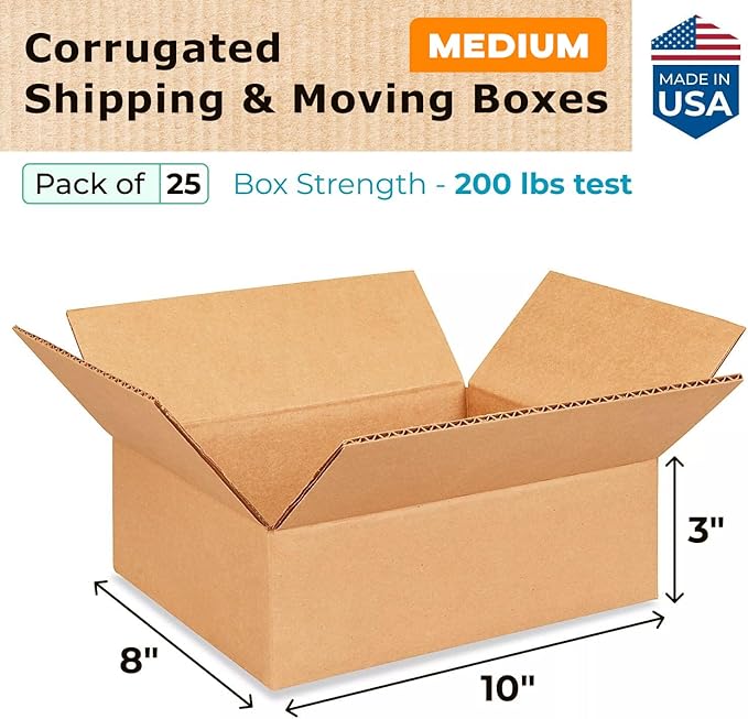 Medium Moving & Shipping Boxes 10"L x 8"W x 3"H (25-Pack) - Extra Strength 200 lb vs Regular - Corrugated Boxes for Packaging - Durable Shipping Box - Cardboard Box for Shipping by IDL Packaging