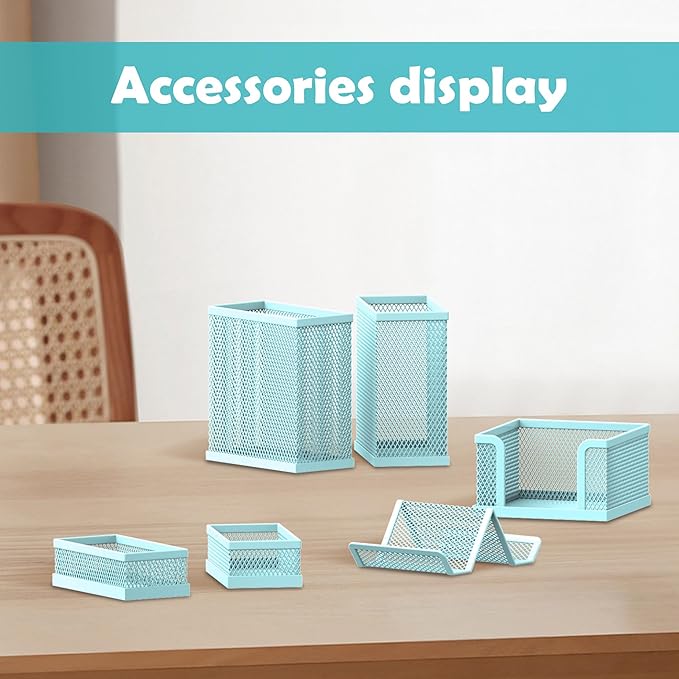 SUPEASY Pen Holder for Desk, 6 Piece Mesh Desk Organizer set for Office Organization with Mail Organizer, Letter Phone Holder, Sticky Notes Caddy Storage, Blue