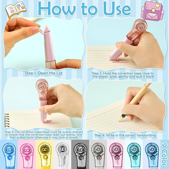 auroray 9 Pack Correction Tape Pens 1/5" X 236", 9 Color Correction Tape Comfortable Pen Shape Correction Pen Easy to Use Applicator for Instant Correction Students School Office Supplies