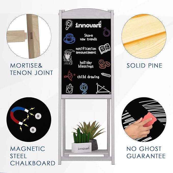 INNOVART Magnetic A-Frame Chalkboard Sign, Sidewalk Sign 45" x 17" With Display Shelf, Free Standing Easel for Restaurant, Business, Wedding or Events, White