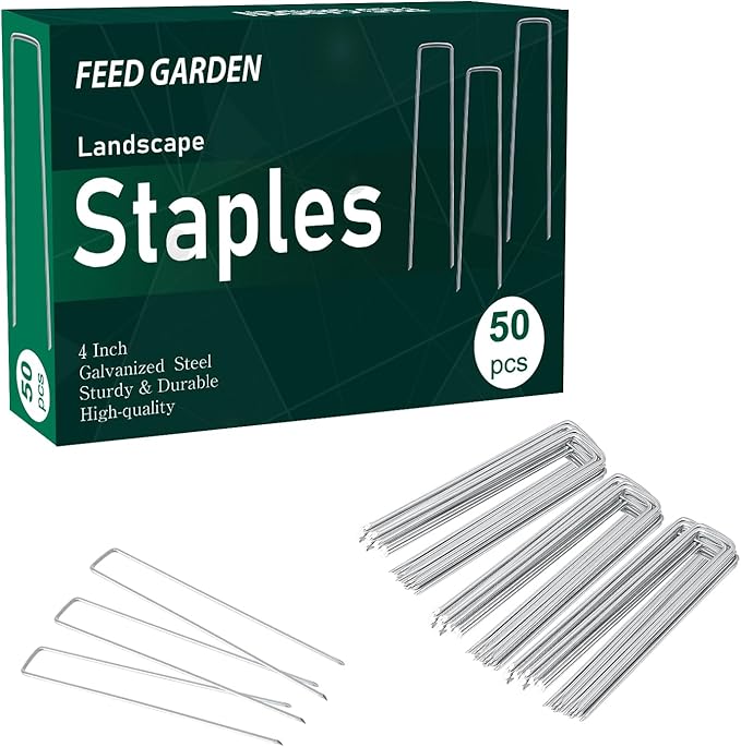 FEED GARDEN 4 Inch 50 Pack Galvanized Landscape Staples 11 Gauge Anti-Rust Garden Stakes Landscaping Fabric SOD Pins Yard Stakes for Weed Barrier Fabric