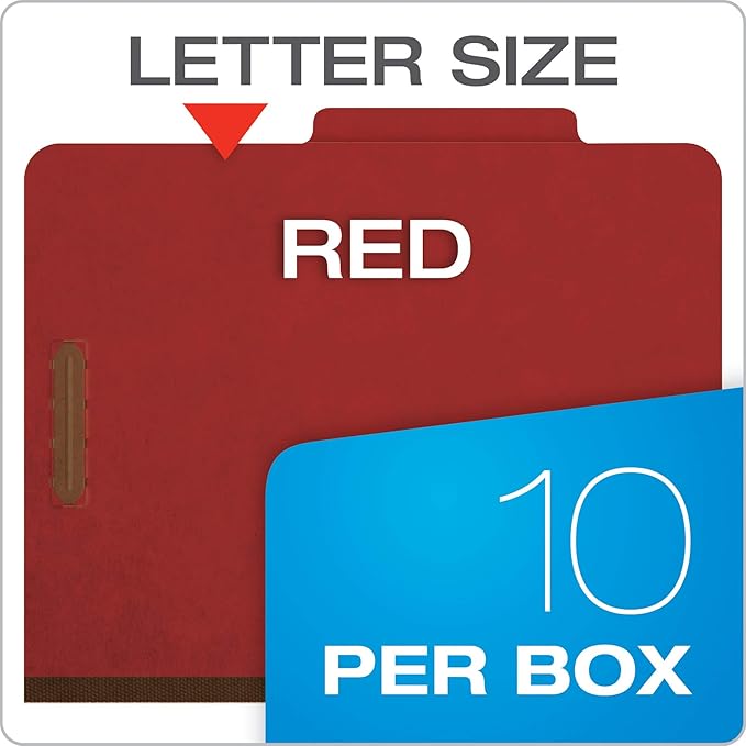 Pendaflex Recycled Classification File Folders, 2 Dividers, 2" Embedded Fasteners, 2/5 Tab Cut, Letter Size, Red (24075R), Specialty, Box of 10 (Pack of 5)