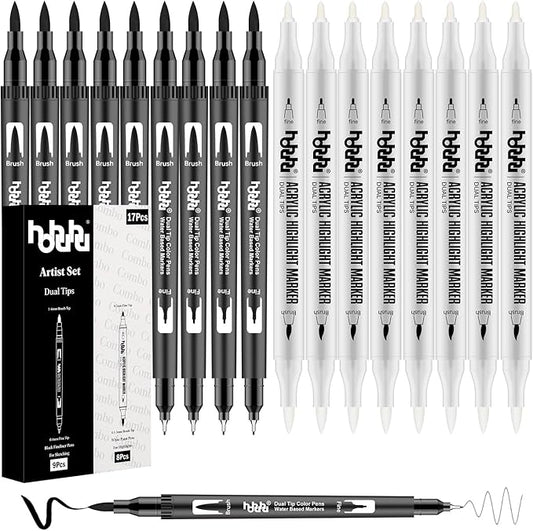 hhhouu 17Pack Dual Tip Black & White Brush Pens- Fineliner & Highlighting Set for Artists, Illustrators & Comic Drawing Smooth Ink Flow, Smudge-Free HO-17BW
