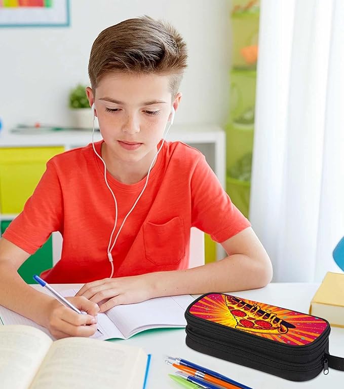 AnySmic Pizza Pencil Case for Boys Girls, Large Durable Pencil Pouch for Kids, Polyester Big Capacity Pen Case Gifts, Double Zipper, Food Single-sided Printed Bag Organizer