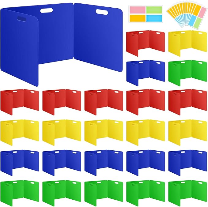 MuseLuxe 24 Pack Privacy Folders for Students - Durable & Waterproof Plastic Study Desk Dividers,Test Dividers for Classroom,Easy to Clean Privacy Shields & Boards -4 Color,Includes Extra 48 Labels