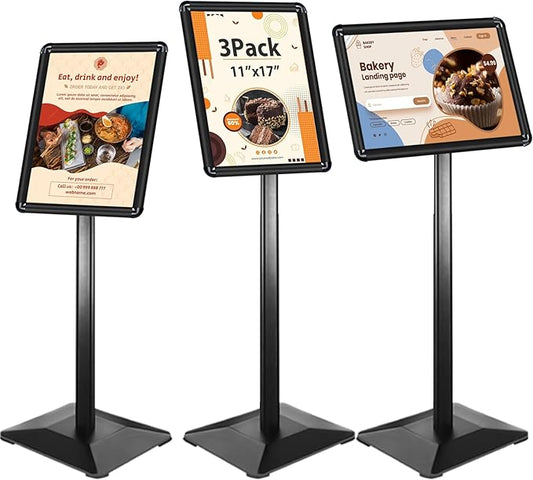 STANDNEE Poster Stand Holder Pedestal Floor Standing Sign Holder 11"x 17" Vertical and Horizontal View Sign Display, Aluminum Snap Open Frame with Safety Corner (Black, 3Packs)