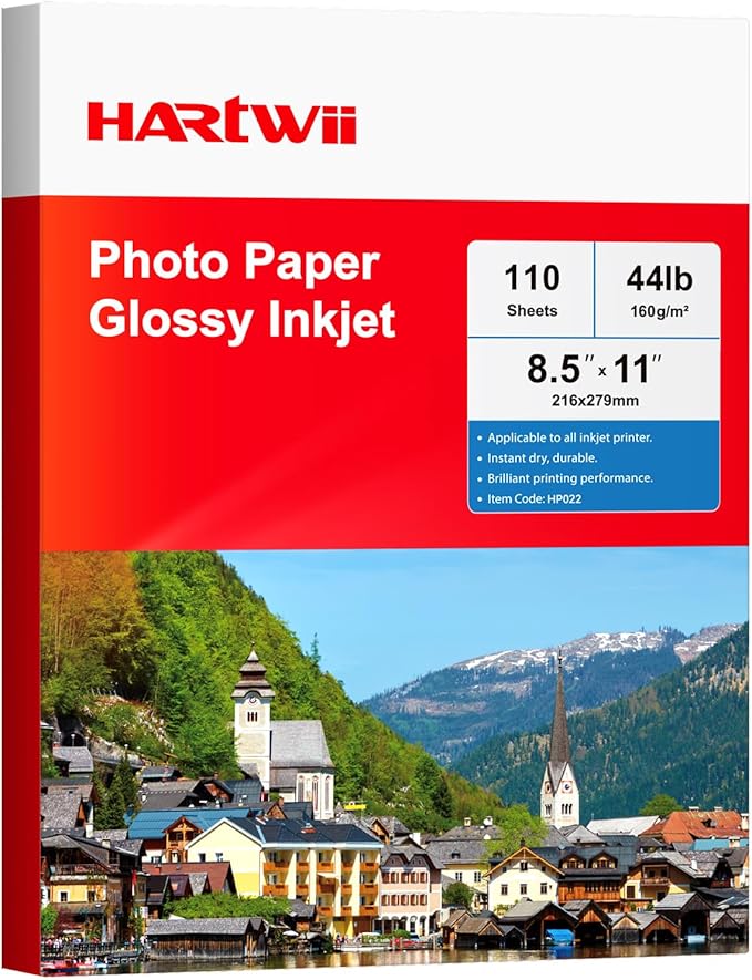 HARTWII Glossy Inkjet Paper 8.5x11 Inches, 110 Sheets, 160gsm Photo Paper for Inkjet Printer with Dye Ink for Flyers Brochure Custom Chip Bag Party Favors
