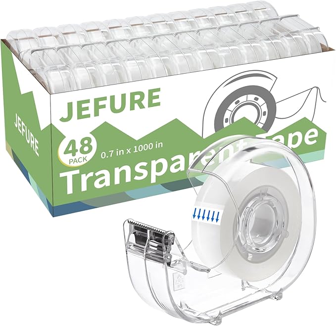 JEFURE Transparent Tape with Dispenser, 0.7 in x 1000 in Clear Tapes and Refillable Dispensers, Office Tape Rolls with Dispenser Bulk for Craft Jobs, Gift Wrapping, Repairing, Home and School (48)