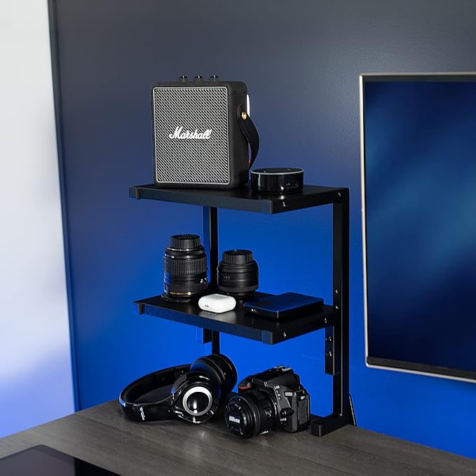 VIVO Clamp-on 13 inch Above or Below Desk 2-Tier Shelving Unit for Table Accessories, Gaming Devices, and More, Storage Tray, Desktop Organizer, Black, STAND-SHELF2C