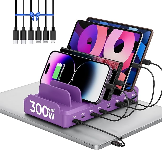 300W Charging Station for Multiple Devices, 8 Port Multi USB C Fast Charger Station Dock for MacBook iPhone 16/15/14/13/12 Samsung Pixel Series iPad, Purple (6 Mixed Short Cables Included)