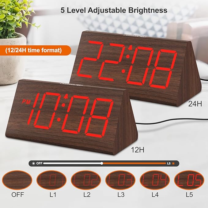 DreamSky Wooden Digital Alarm Clocks for Bedrooms - Electric Desk Clock with Large Numbers, USB Port, Loud Alarm for Heavy Sleepers, Adjustable Volume, Dimmer, Snooze, DST, Wood Décor, Adapter Powered