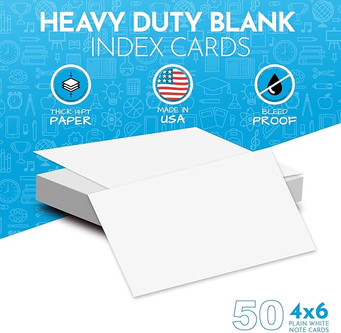 Home Advantage 4x6 Blank Index Cards - 50 Pack of Heavy Duty Bleed Proof Notecards & Flashcards