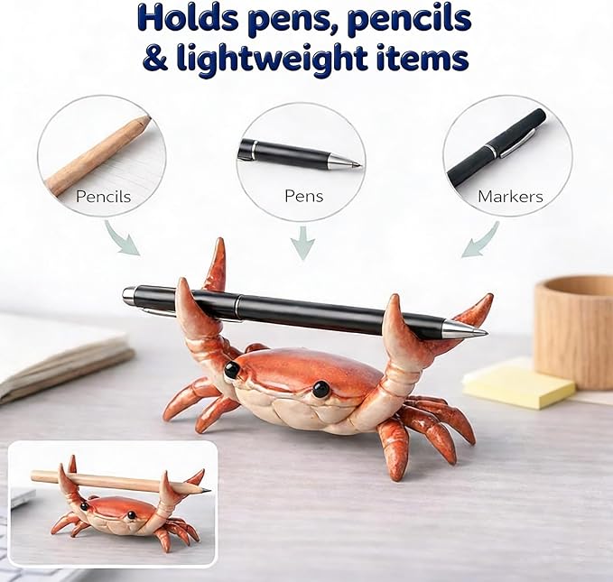 Desk Crab Pen Holder, Cute Weightlifting Crab Pencil Holder for Desk, Funny & Creative Desktop Organizer for Office, Home, School Supplies (Red)