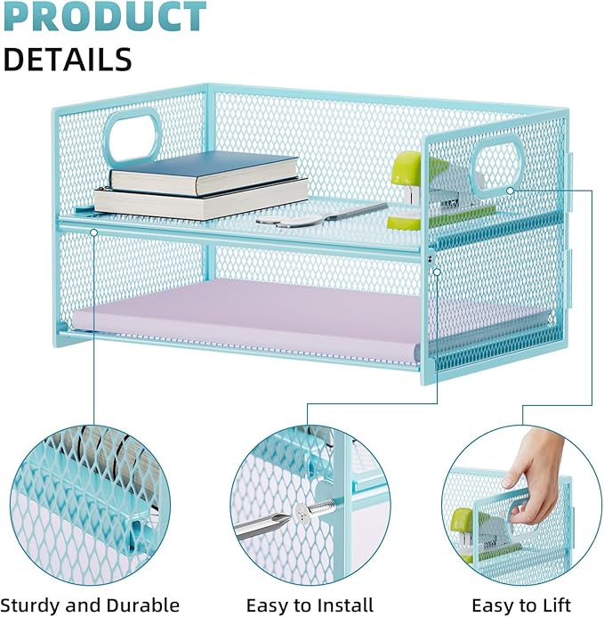 Marbrasse 2 Tier Paper Organizer Letter Tray, Mesh File Organizer with Handle, Paper Sorter Desk Organizer for Home Office Supplies - Blue