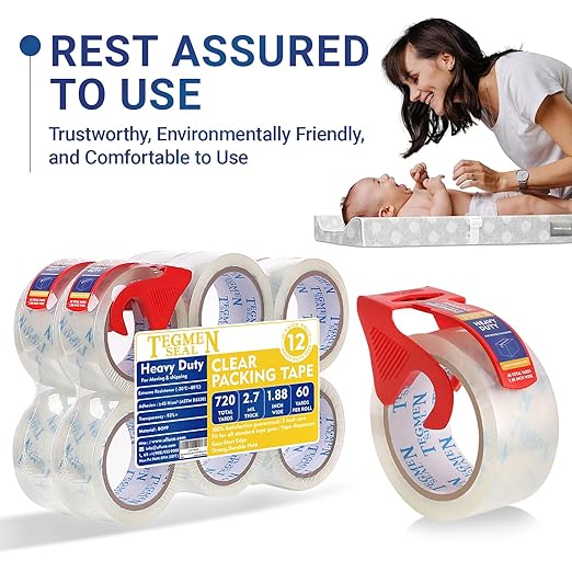 TegmenSeal Heavy Duty Clear Packing Tape with Dispenser Combo for Shipping, Moving & Storage,Thicker Clear Packing Tape, 1.88 inches Wide, 60 Yards Per Roll, 12 Pack 720 Total Yards