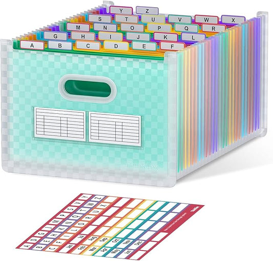 ThinkTex 26-Pocket Accordion File Organizer, Upright & Open Top, A–Z Colorful Tabs, High Capacity Expanding File Folder, Letter/A4 Size Essentials for School, Home, and Office- Green