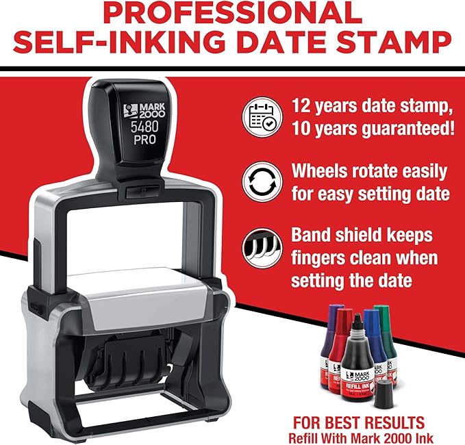 Mark 2000 5480 Professional Self Inking Date Stamp with Custom Text - Up to 10 Lines of Text