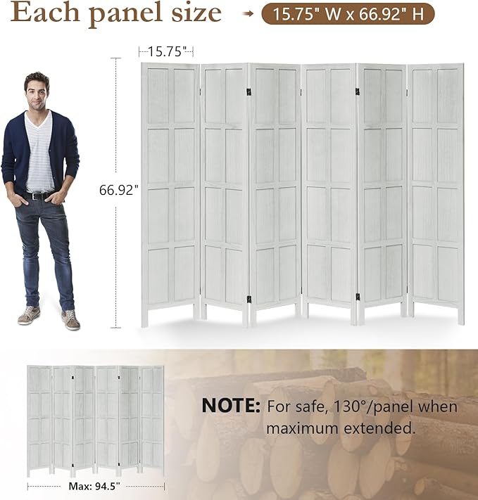 ALeesing 6 Panel Room Divider, 5.6Ft Wood Room Dividers and Folding Privacy Screens, Room Divider Wall Freestanding Room Partitions, Room Dividers Screen for Home Office Bedroom, White