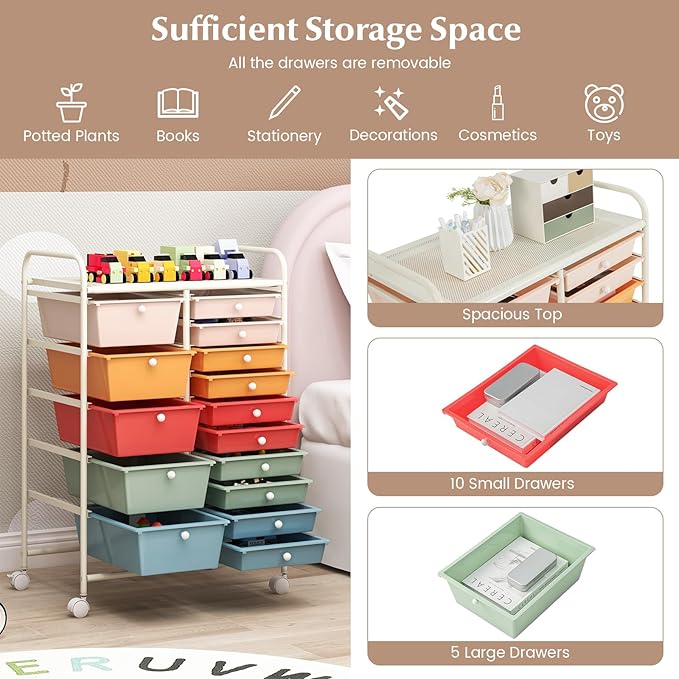 DORTALA 15-Drawer Rolling Storage Cart with Drawers, Rolling Utility Cart w/Removable Drawers & Universal Wheels, Tools Scrapbook Paper Organizer for School, Office, Home, Classroom (Macaroon Color)