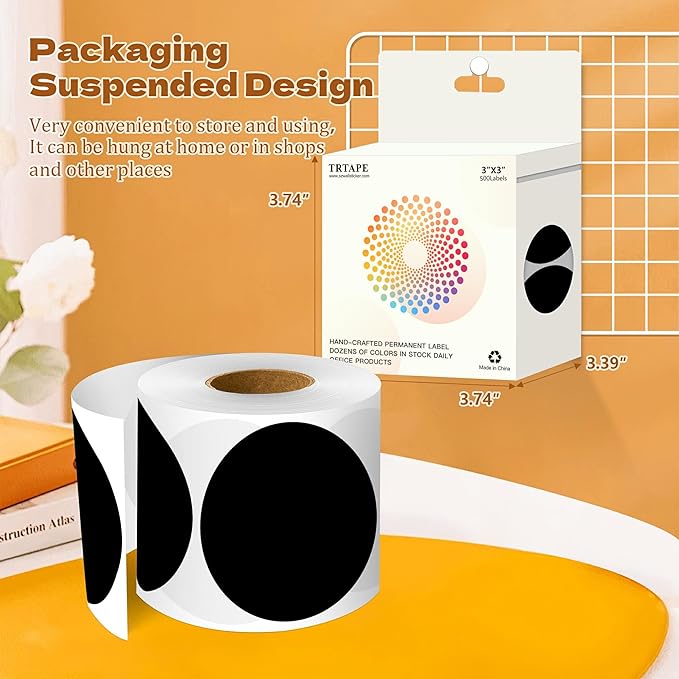 3 Inch Round Color Coding Labels (500 per Roll) - Colored Dot Stickers Round Labels for Inventory, Warehouse, Office Organizing - Black Circle Stickers