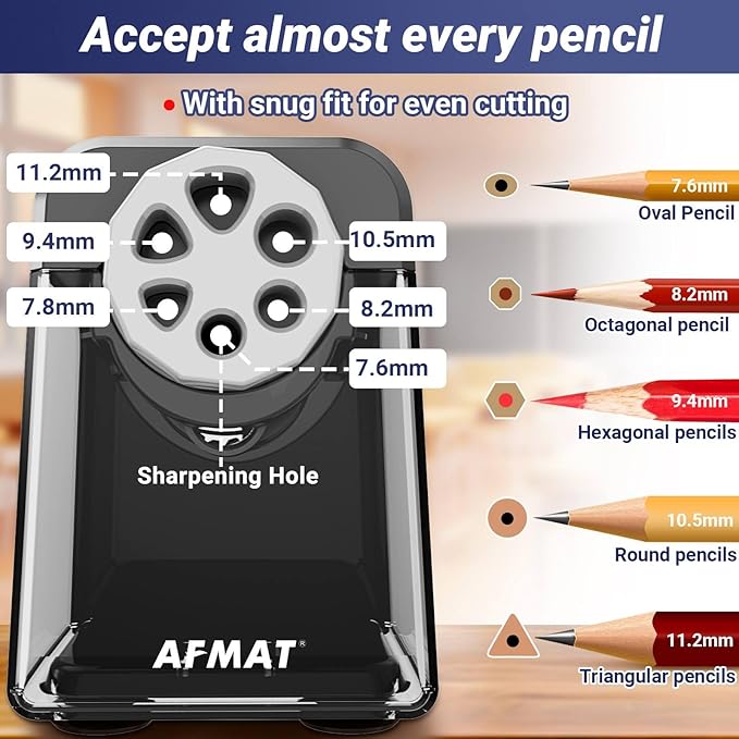 AFMAT Electric Pencil Sharpener Heavy Duty, 6 Holes, Auto Stop Pencil Sharpener, Classroom Electric Sharpener for 6-11mm Colored Pencils, 7000 Sharpenings, Fast Sharpen, Do not Eat up Pencils PSX1