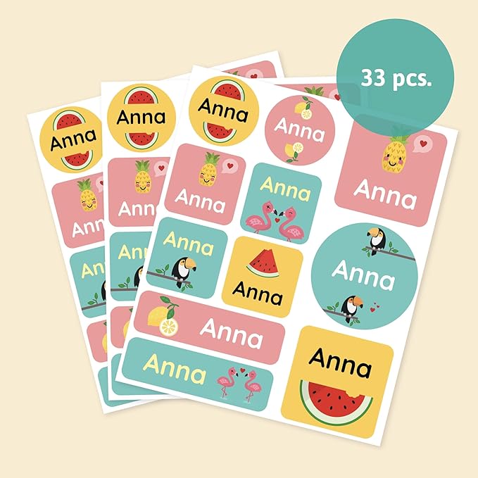 Large Name Labels for Kids (33) - Custom Stickers for Daycare and School Supplies - Durable, Waterproof Stickers for Water Bottles, Lunch Boxes, and More with Unique Designs - Tropical