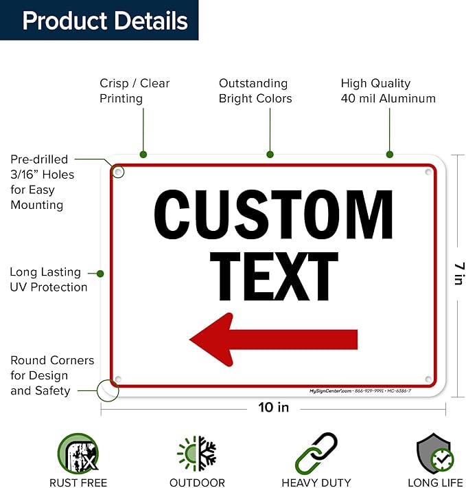 Custom Arrow,Custom Directional Sign, Left Arrow,7x10 Inches, Rust Free .040 Aluminum, Fade Resistant, Made in USA by My Sign Center