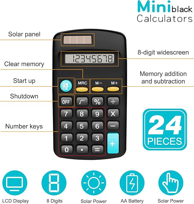Riccioney 24 Pack Basic Mini Calculators - 8 Digit Display, Solar Battery & AC Power, Handheld for Office, School & Home