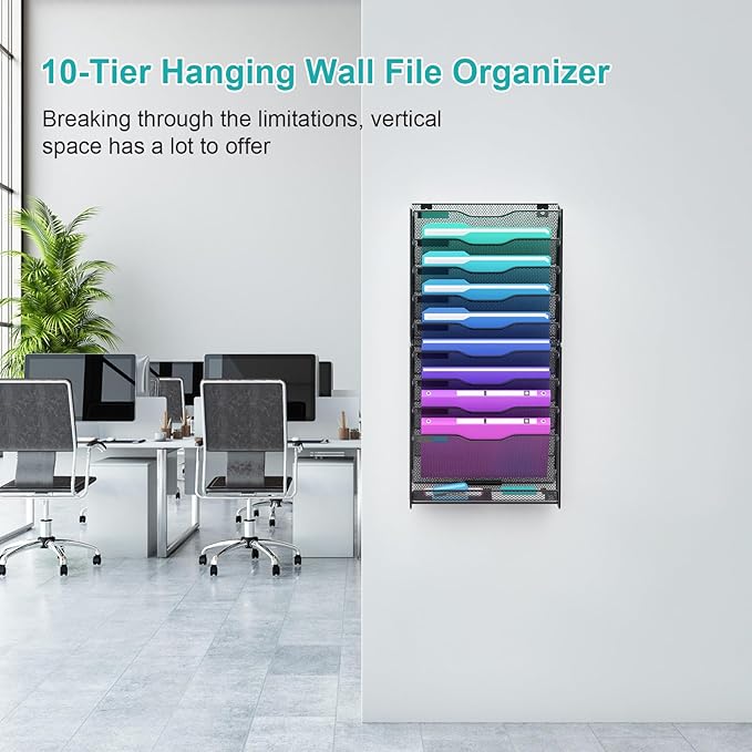VEESUN 10 Tier Hanging Wall File Organizer, Wall File Holder Organizer Mounted Letter Mail Magazine File Rack With Flat Tray For Office Home School, Black