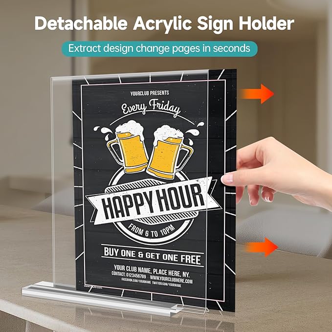 Yeahjiae 6 Pack T-Shaped Acrylic Sign Holder 8.5 x 11, Double Sided Clear Stand for Letter Size Paper, Essential Office Supplies for Menu, Tabletop, Counter & Wall Display, Garage Sale & Picture Frame for Office, Restaurant, Store, Home