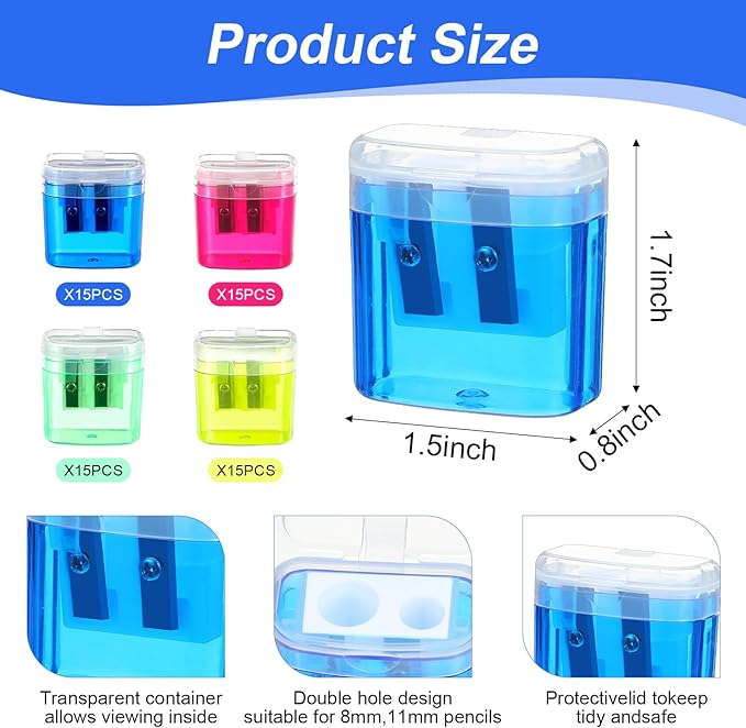 60 Pcs Manual Pencil Sharpeners with Lid, Double Hole Handheld Sharpeners for Office Home, 4 Colors